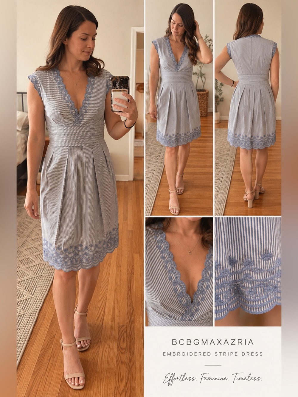 BCBGMaxAzria Blue and White Striped Lace-Trimmed Fit & Flare Dress